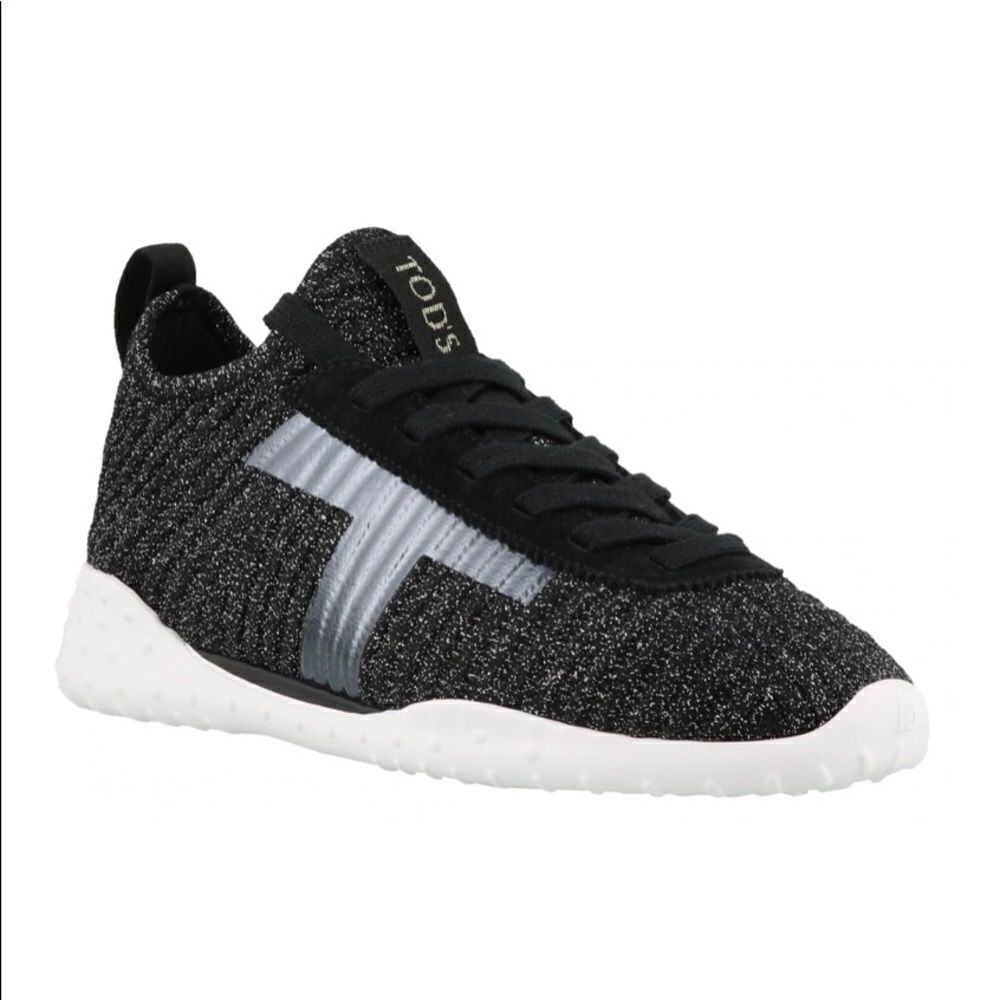 Tod’s Lace-Up Knit Sneakers Black Silver Shimmer EU 35.5